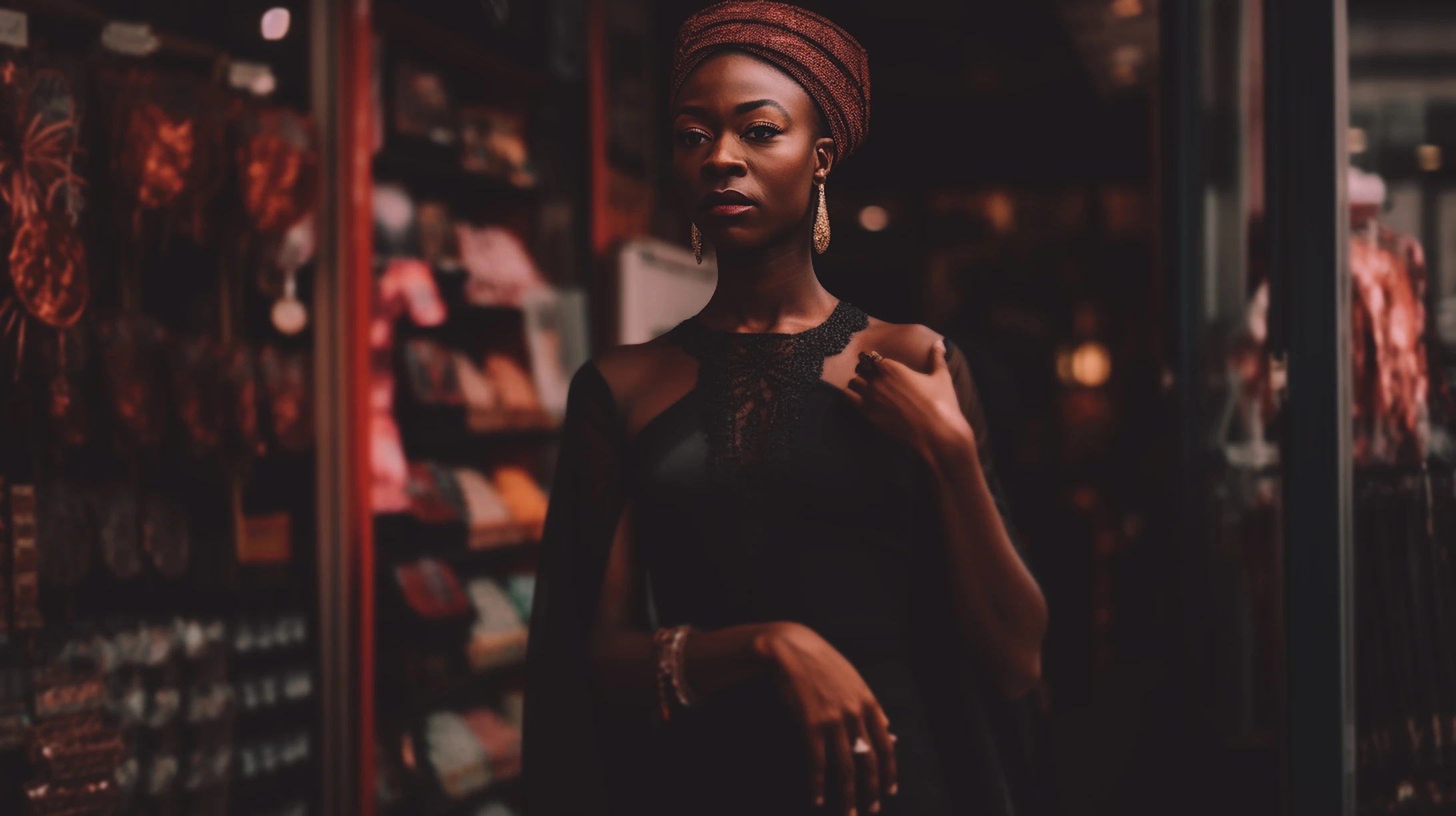 Portrait of a woman wearing a patterned headwrap in a warmly lit interior