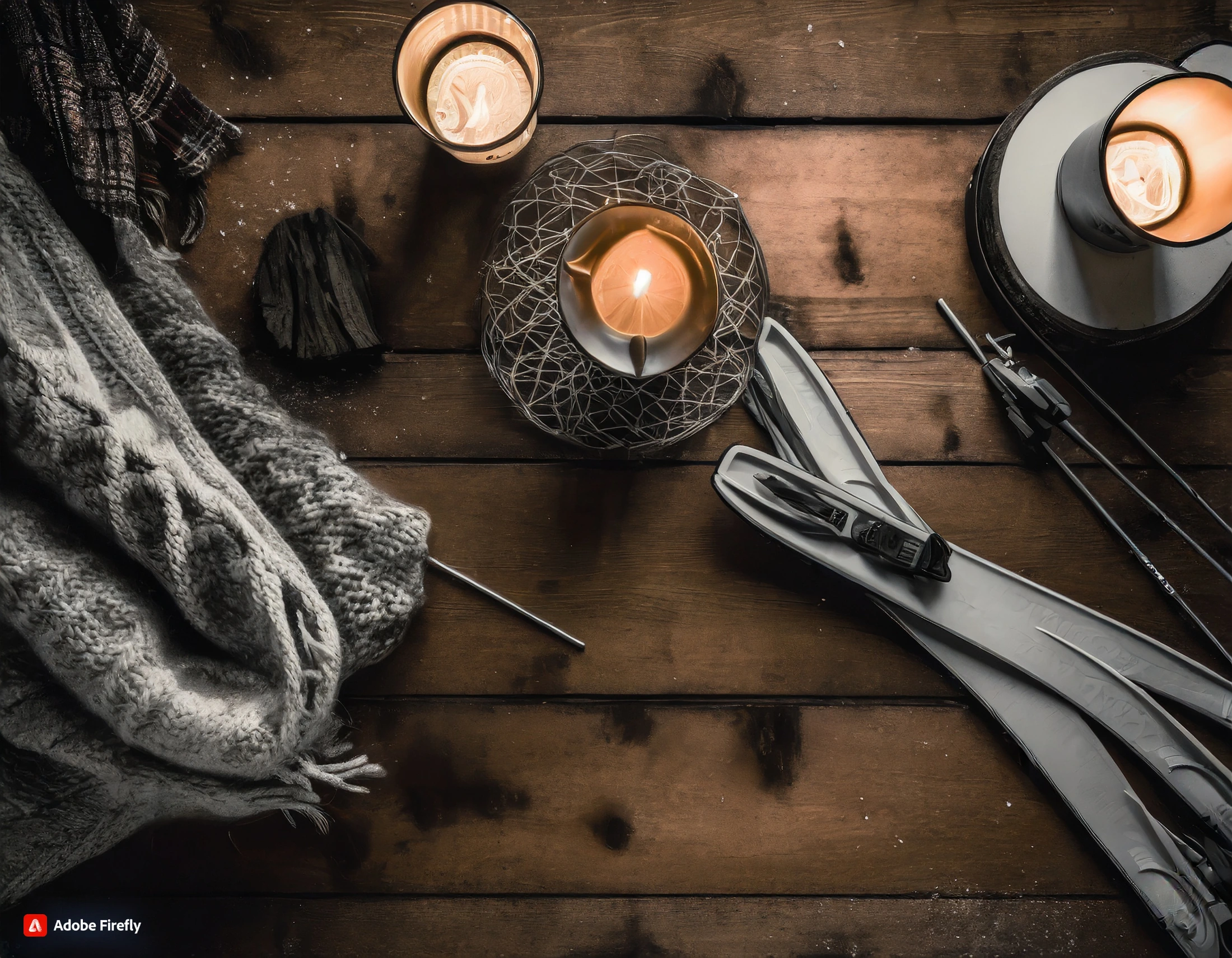 Ski equipment on a rustic table, the backdrop to a travel website concept